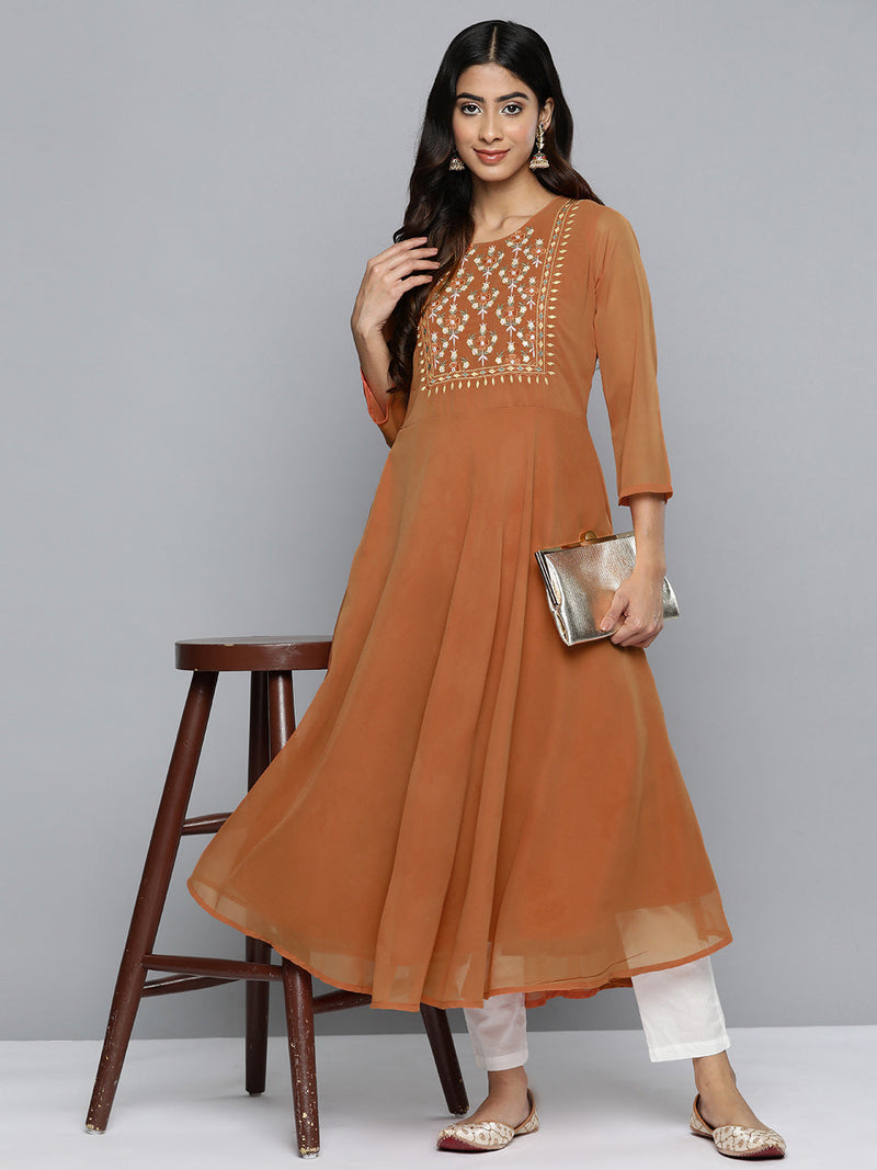 Jompers Floral Embroidered Thread Work Floral Georgette Anarkali Kurta ( JOK 1510 Orange )