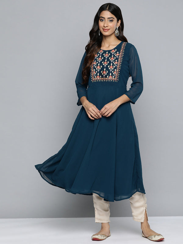 Jompers Floral Embroidered Thread Work Floral Georgette Anarkali Kurta ( JOK 1510 Teal )