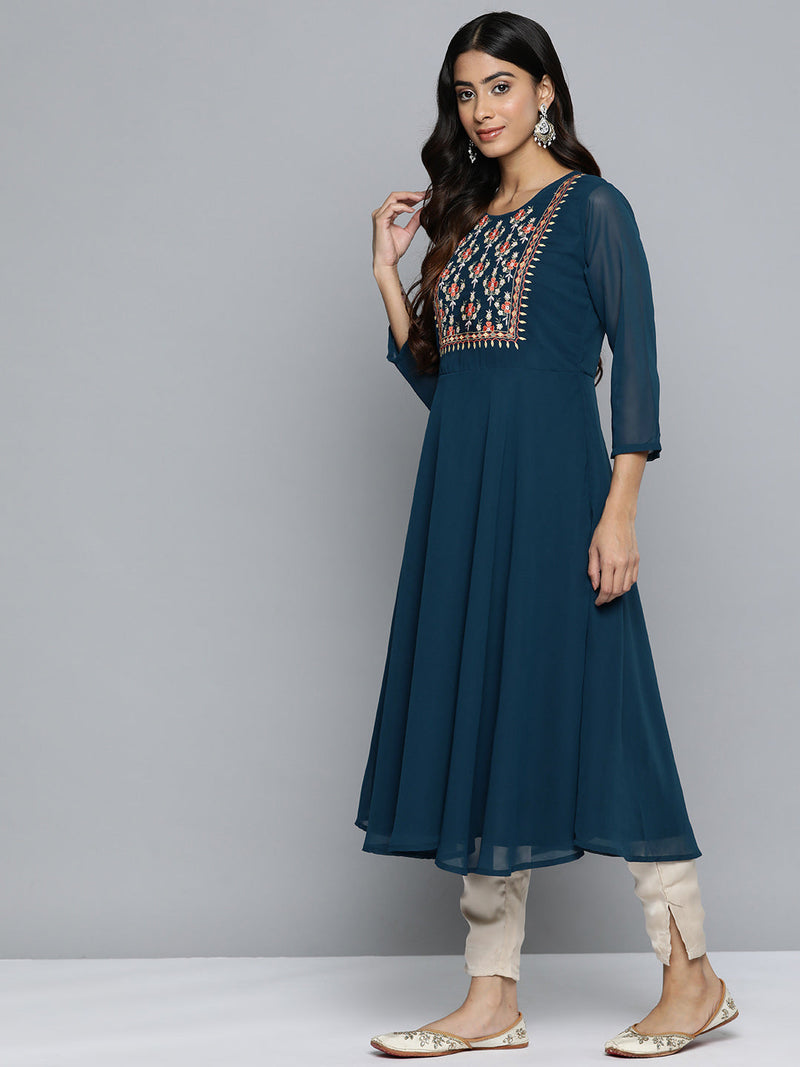 Jompers Floral Embroidered Thread Work Floral Georgette Anarkali Kurta ( JOK 1510 Teal )