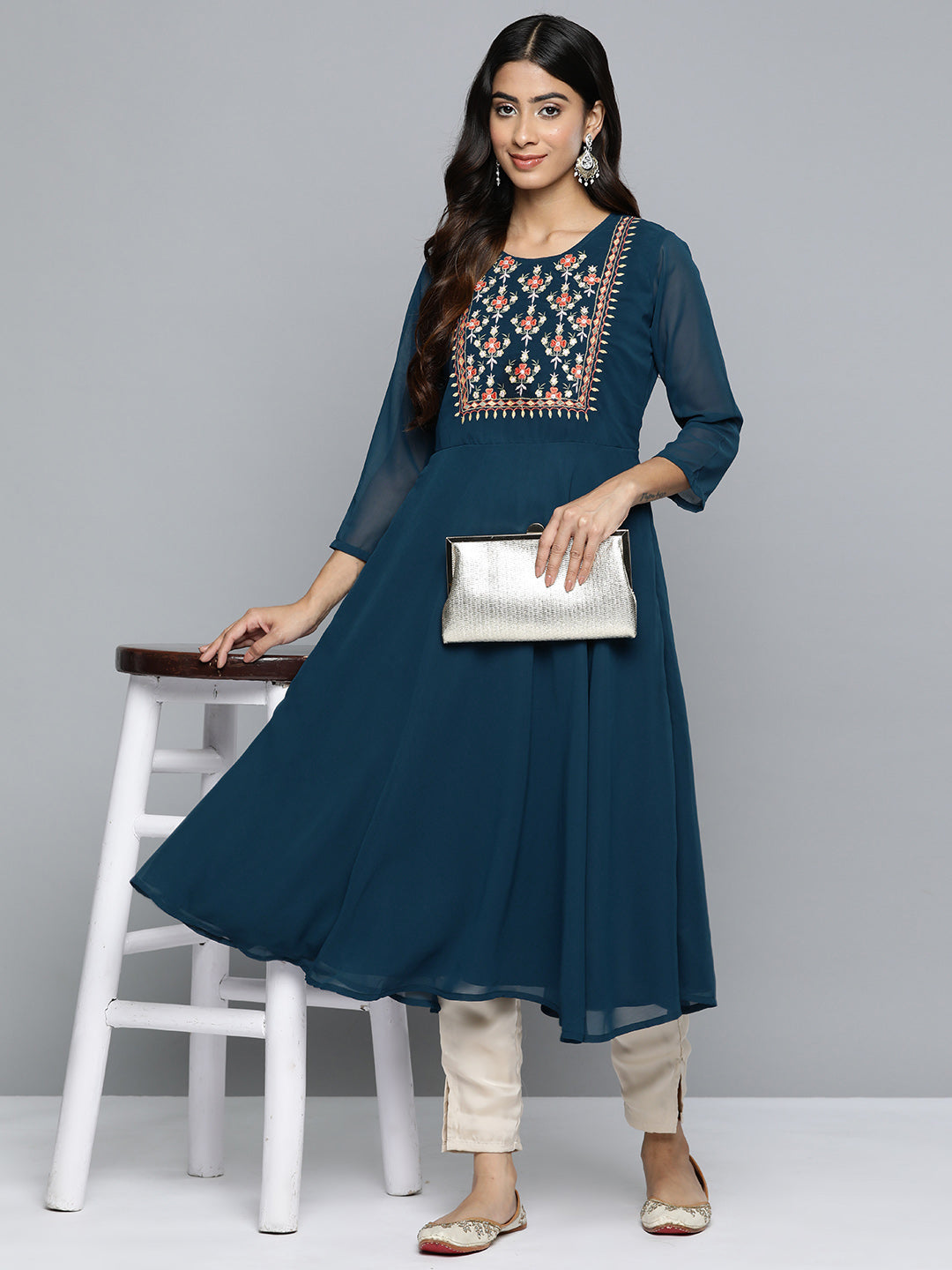 Jompers Floral Embroidered Thread Work Floral Georgette Anarkali Kurta ( JOK 1510 Teal )