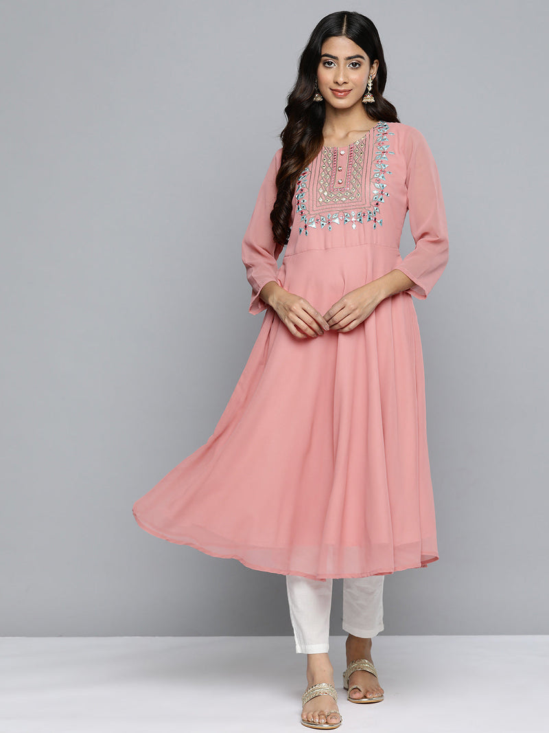 Jompers Geometric Embroidered Mirror Work Georgette Anarkali Kurta ( JOK 1511 Coral )