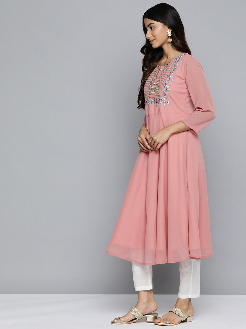 Jompers Geometric Embroidered Mirror Work Georgette Anarkali Kurta ( JOK 1511 Coral )