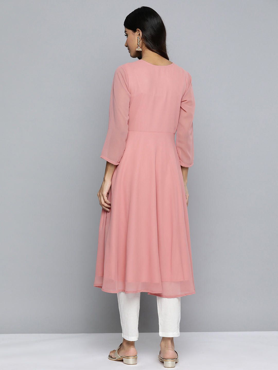 Jompers Geometric Embroidered Mirror Work Georgette Anarkali Kurta ( JOK 1511 Coral )