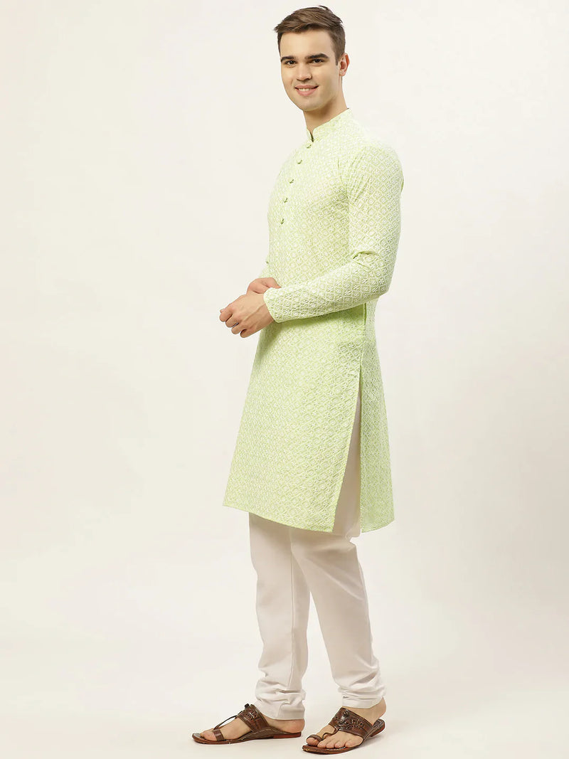 Jompers Men's Green Embroidered Kurta Payjama Sets ( JOKP 626 Green )