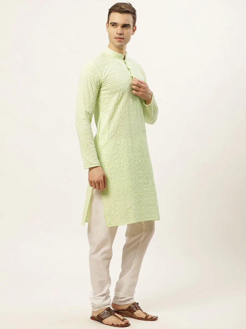 Jompers Men's Green Embroidered Kurta Payjama Sets ( JOKP 626 Green )