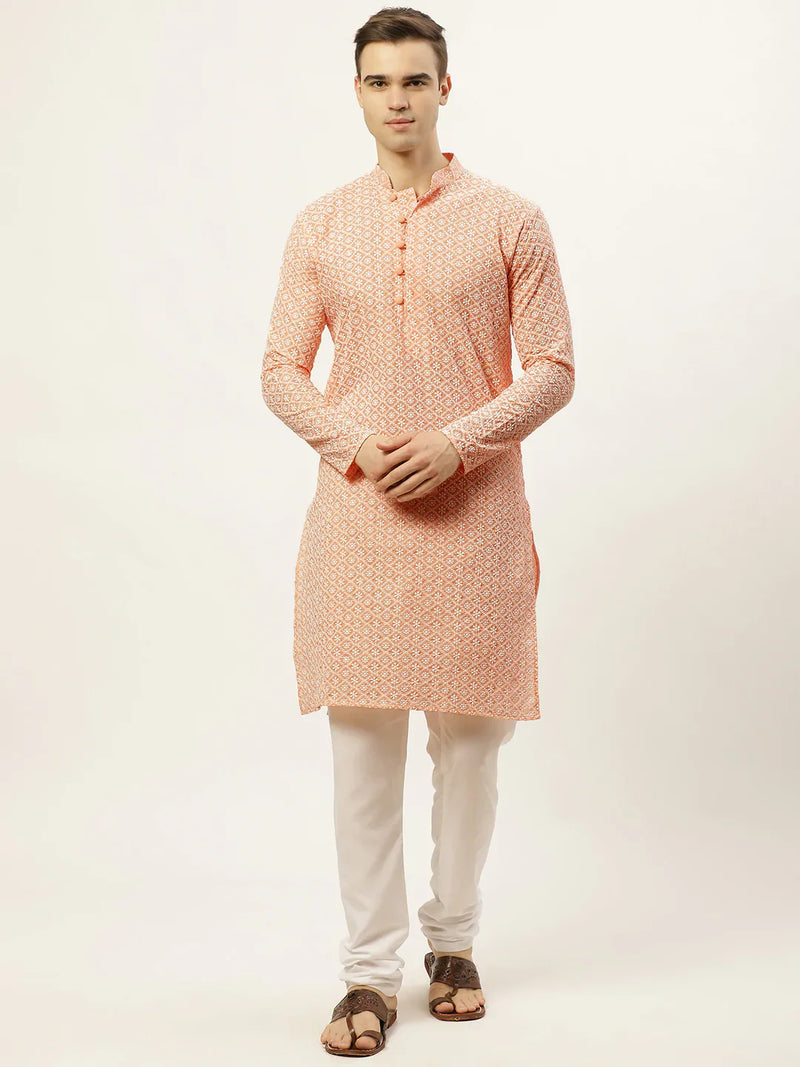 Jompers Men's Orange Embroidered Kurta Payjama Sets ( JOKP 626 Orange )