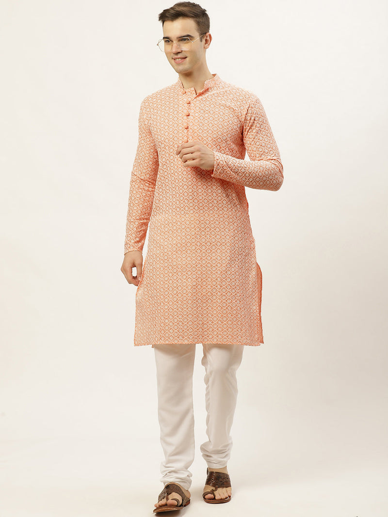 Jompers Men's Orange Embroidered Kurta Payjama Sets