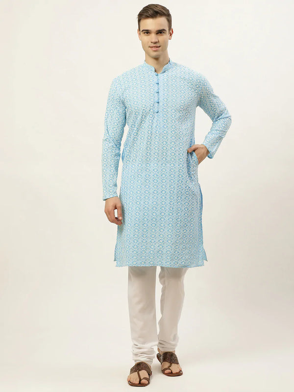 Jompers Men's Sky Embroidered Kurta Payjama Sets ( JOKP 626 Sky )