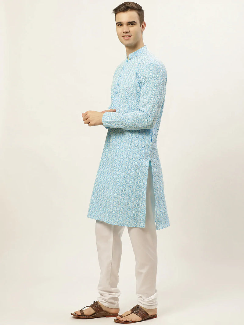 Jompers Men's Sky Embroidered Kurta Payjama Sets ( JOKP 626 Sky )