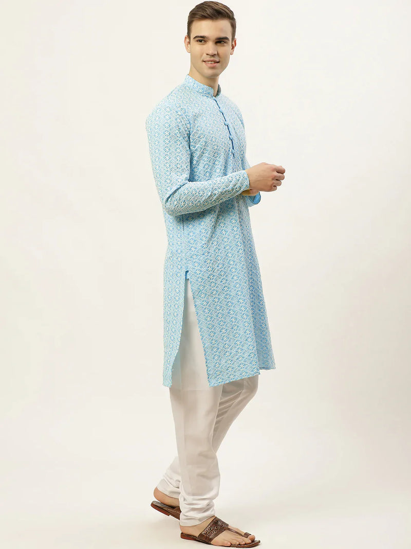 Jompers Men's Sky Embroidered Kurta Payjama Sets ( JOKP 626 Sky )