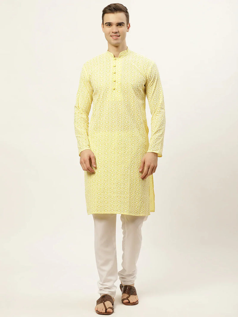 Jompers Men's Yellow Embroidered Kurta Payjama Sets ( JOKP 626 Yellow )