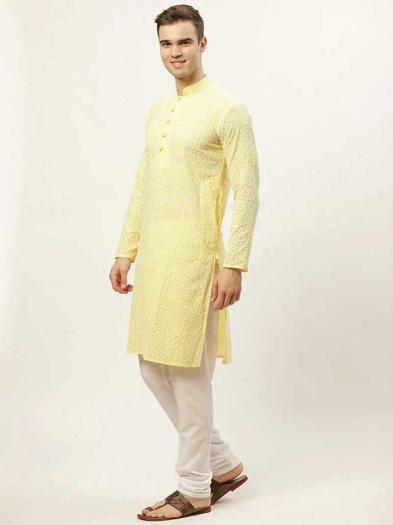 Jompers Men's Yellow Embroidered Kurta Payjama Sets ( JOKP 626 Yellow )