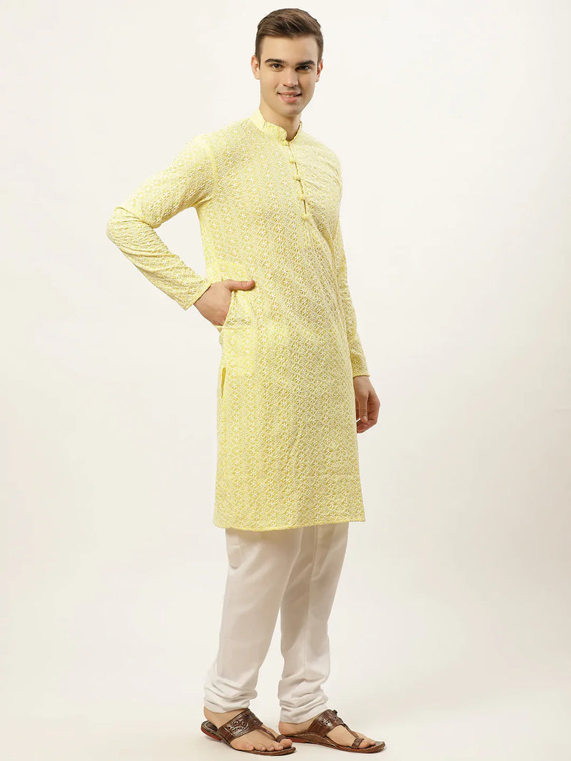 Jompers Men's Yellow Embroidered Kurta Payjama Sets ( JOKP 626 Yellow )