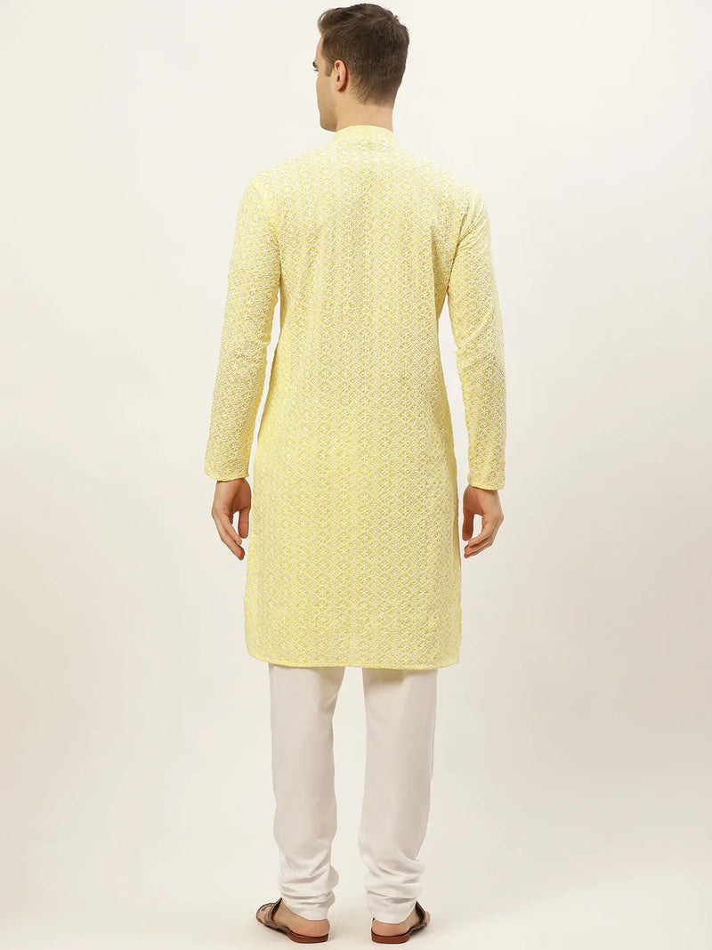 Jompers Men's Yellow Embroidered Kurta Payjama Sets ( JOKP 626 Yellow )