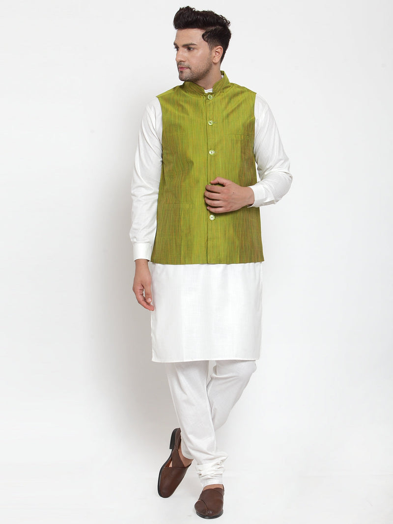 Jompers Men's White Solid Kurta with Pyjamas & Green Nehru Jacket