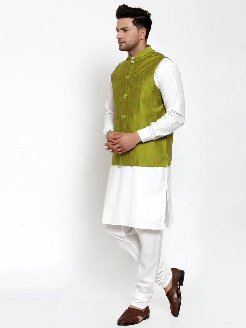 Jompers Men's White Solid Kurta with Pyjamas & Green Nehru Jacket ( JOKP WC 4064 Green-W )