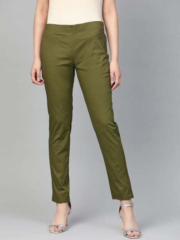 Jompers Women Olive Green Smart Slim Fit Solid Regular Trousers ( JOP 2119 Olive )