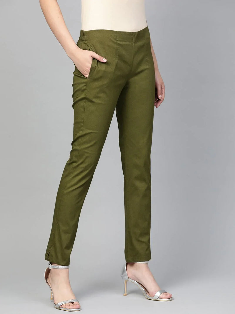 Jompers Women Olive Green Smart Slim Fit Solid Regular Trousers ( JOP 2119 Olive )