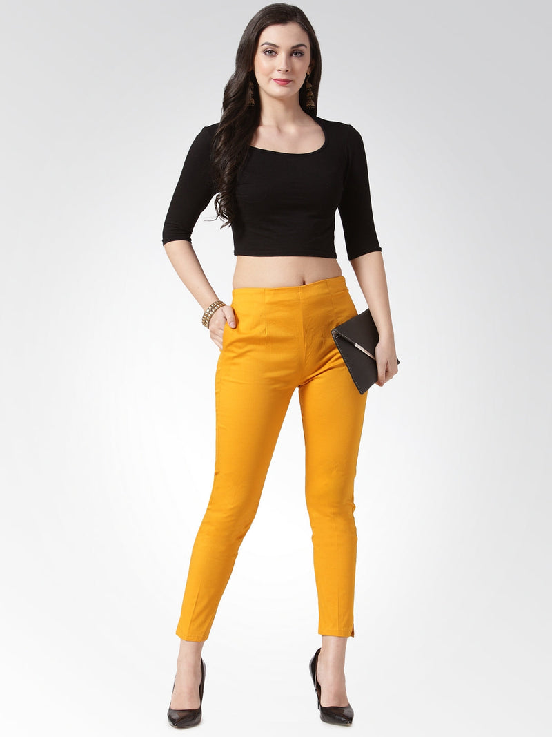 Jompers Women Mustard Smart Slim Fit Solid Regular Trousers