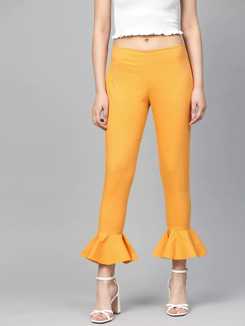 Jompers Women Mustard Smart Fit Solid Bottom Flared Trousers ( JOP 2128 Mustard )