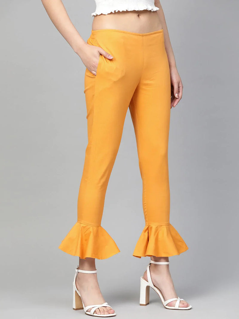 Jompers Women Mustard Smart Fit Solid Bottom Flared Trousers ( JOP 2128 Mustard )