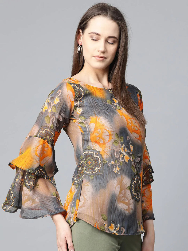 Jompers Women Grey & Mustard Printed Top ( JOT 7008 Yellow )