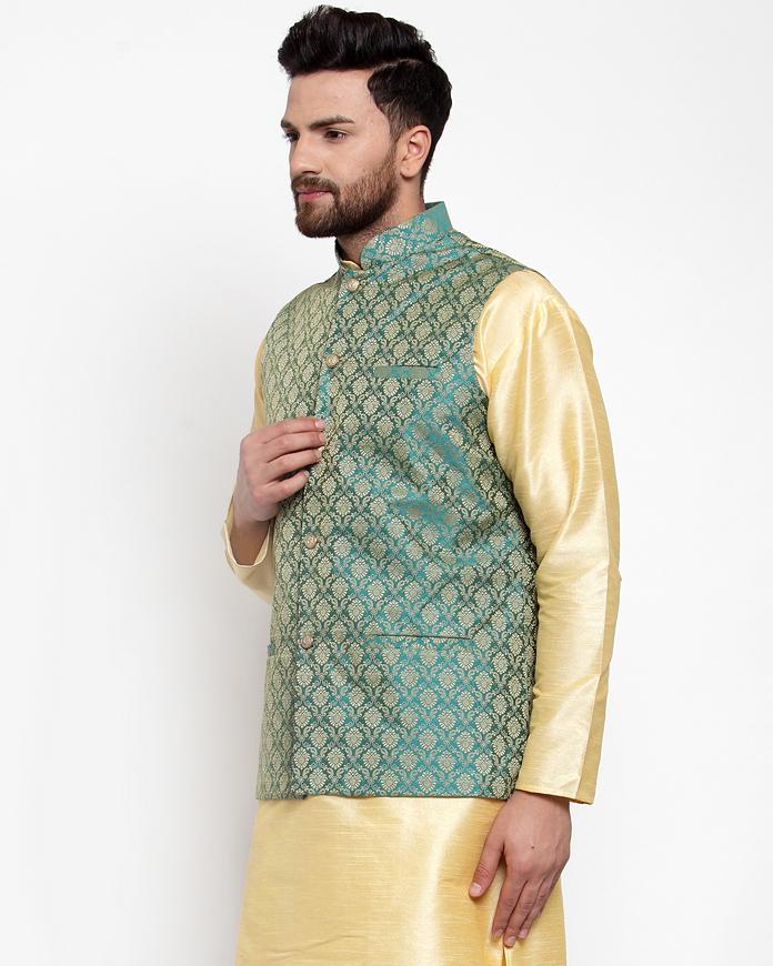 Jompers Men Green-Coloured & Golden Woven Design Nehru Jacket ( JOWC 4005 Green)