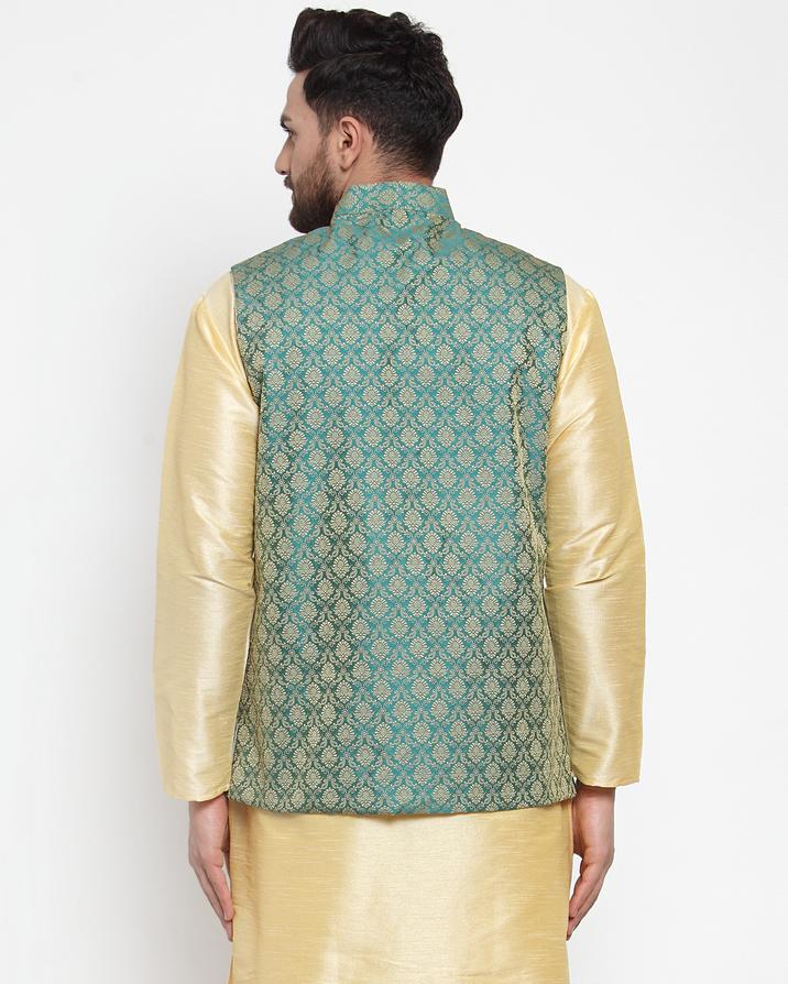 Jompers Men Green-Coloured & Golden Woven Design Nehru Jacket ( JOWC 4005 Green)