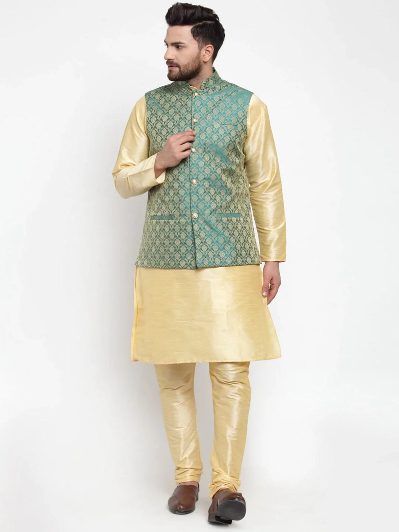 Jompers Men Green-Coloured & Golden Woven Design Nehru Jacket ( JOWC 4005 Green)