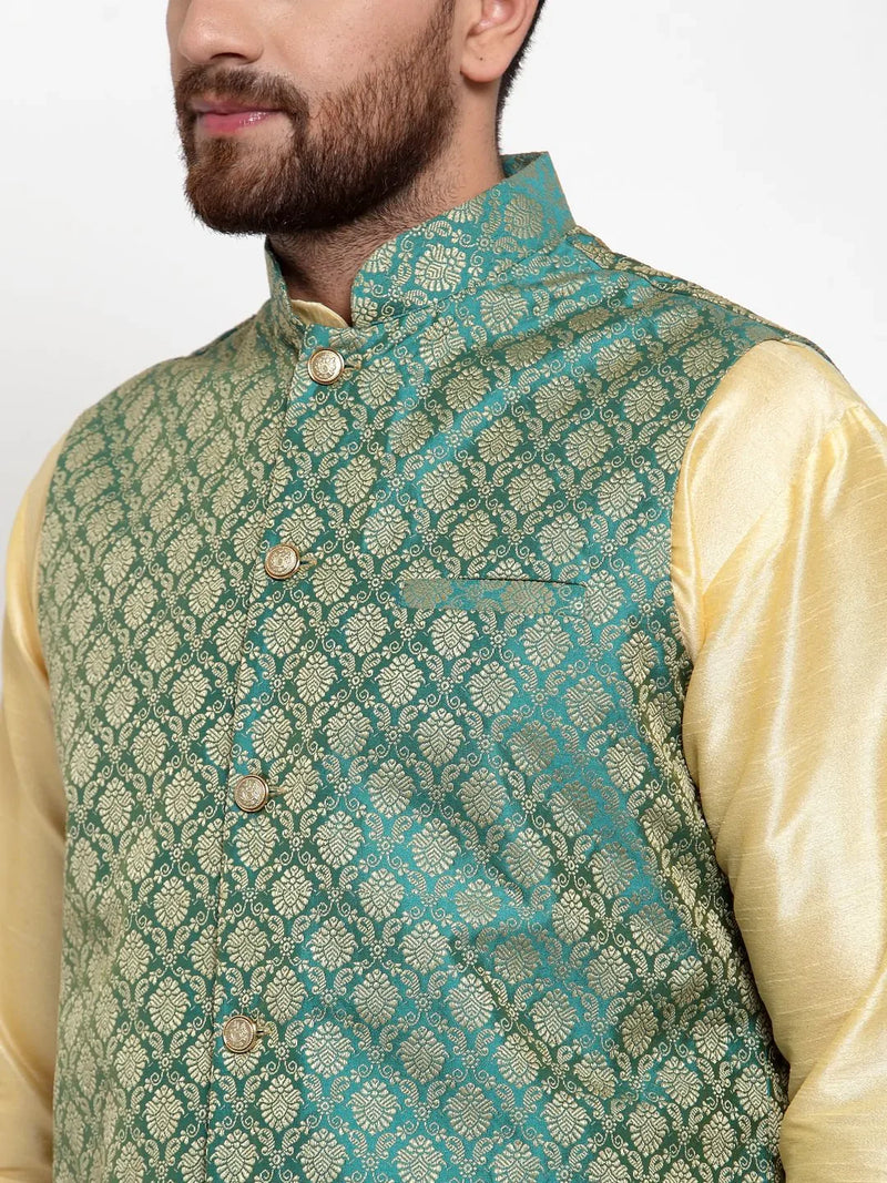 Jompers Men Green-Coloured & Golden Woven Design Nehru Jacket ( JOWC 4005 Green)