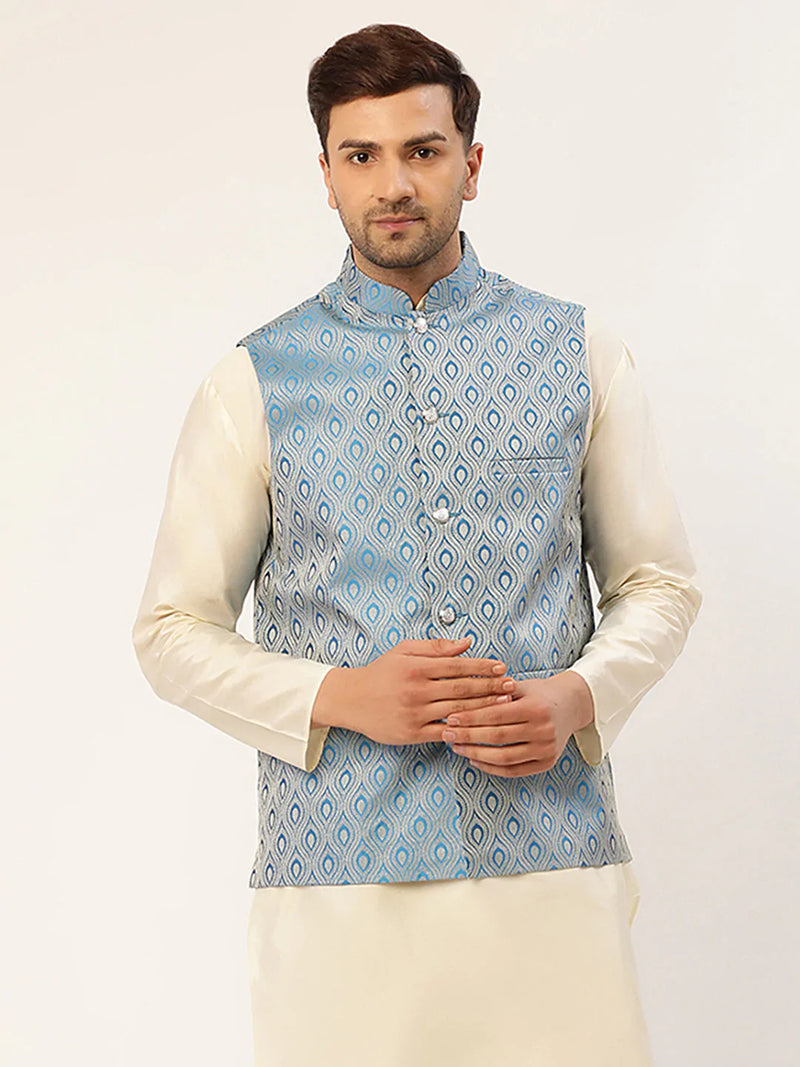 Jompers Men Sky Blue Woven Design Nehru Jacket ( JOWC 4006 Sky )