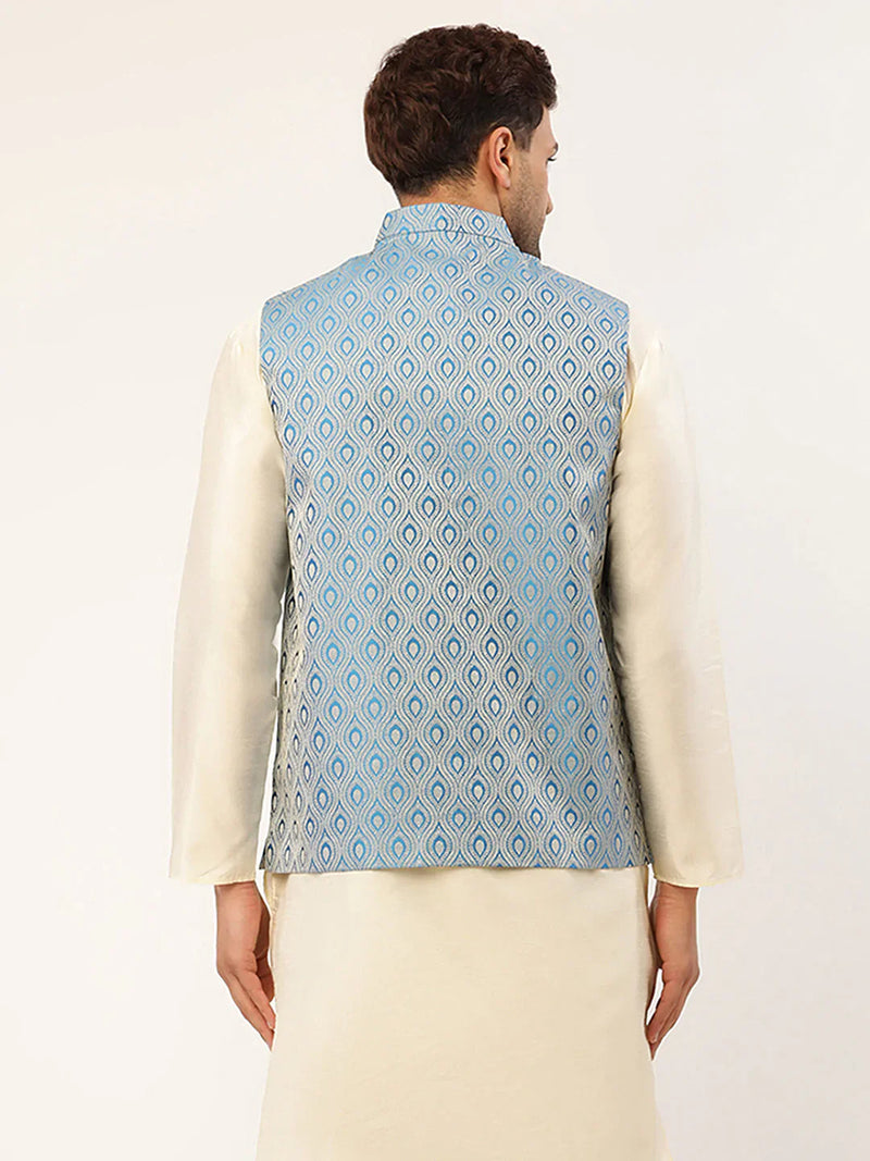 Jompers Men Sky Blue Woven Design Nehru Jacket ( JOWC 4006 Sky )