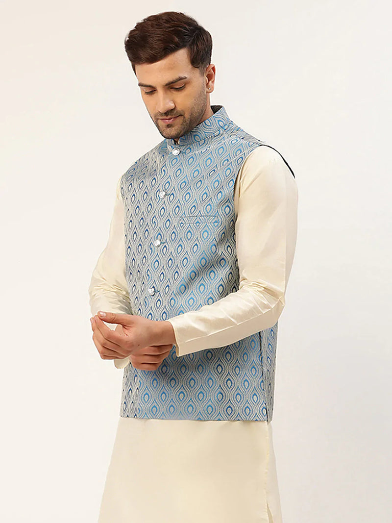 Jompers Men Sky Blue Woven Design Nehru Jacket ( JOWC 4006 Sky )