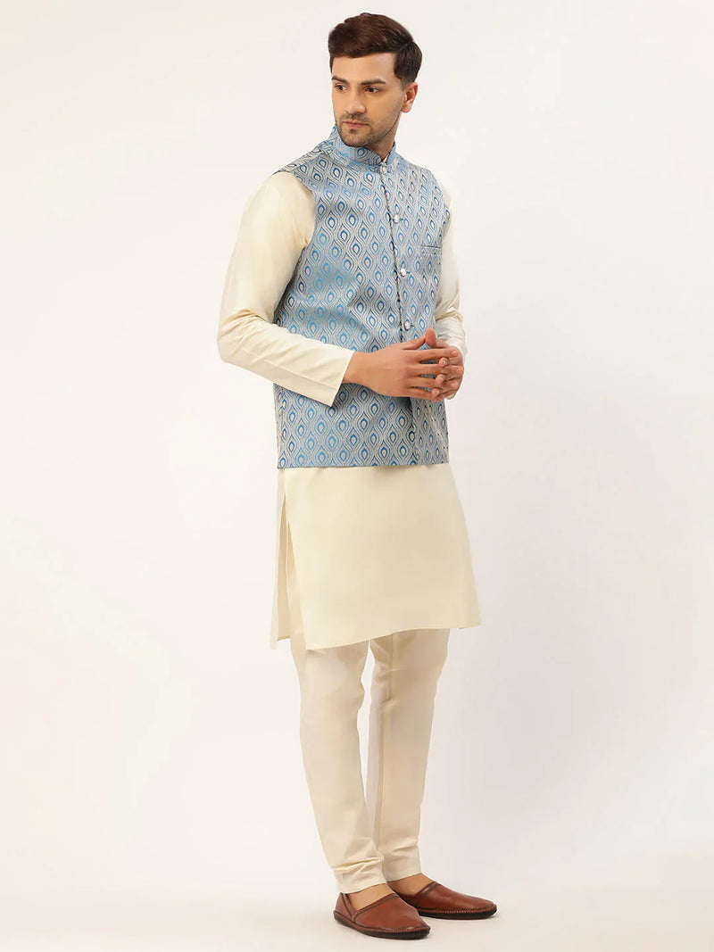 Jompers Men Sky Blue Woven Design Nehru Jacket ( JOWC 4006 Sky )