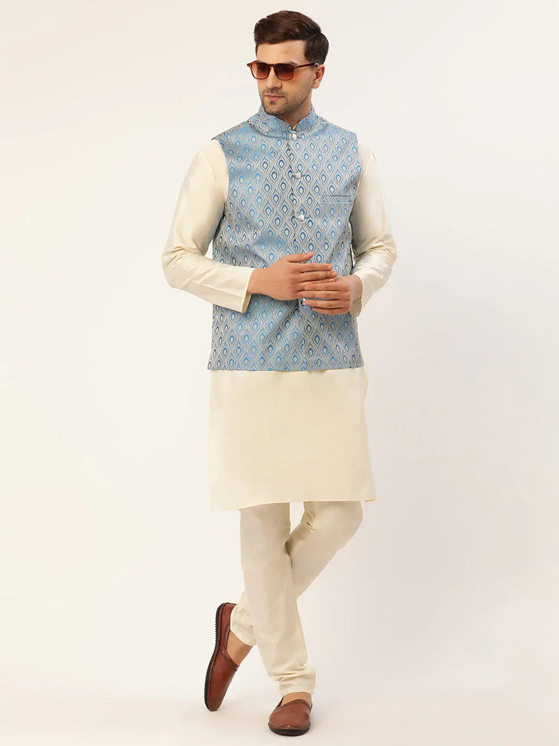 Jompers Men Sky Blue Woven Design Nehru Jacket ( JOWC 4006 Sky )