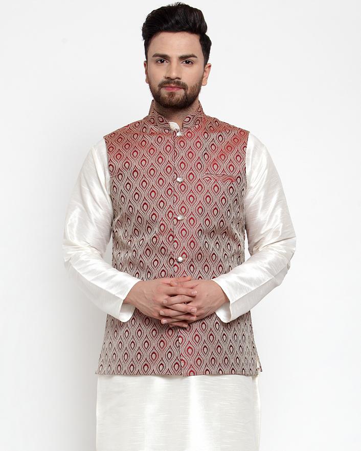 Jompers Men Maroon Woven Design Nehru Jacket ( JOWC 4006 Maroon)