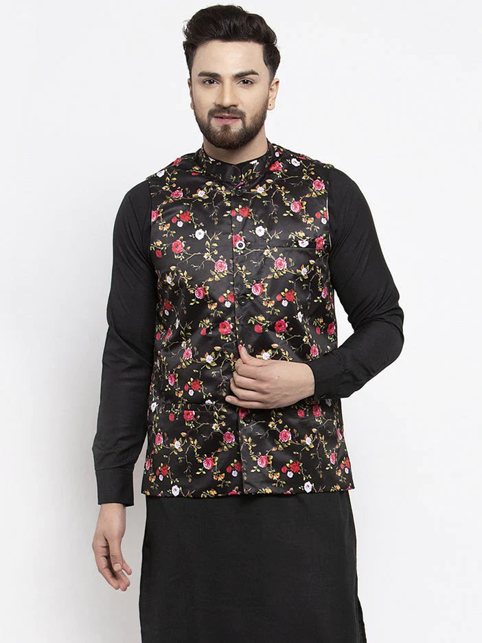 Jompers Men's Black Printed Nehru Jacket ( JOWC 4007Black )