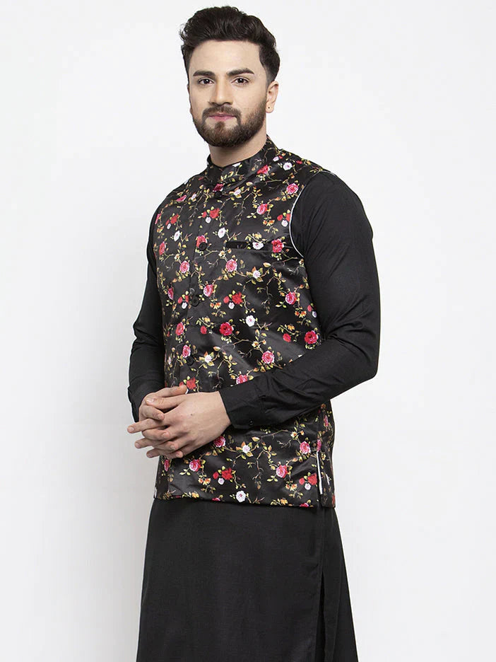 Jompers Men's Black Printed Nehru Jacket ( JOWC 4007Black )