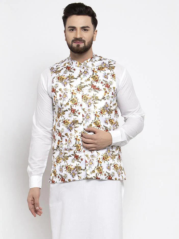 Jompers Men White Printed Satin Nehru Jacket ( JOWC 4007 White)