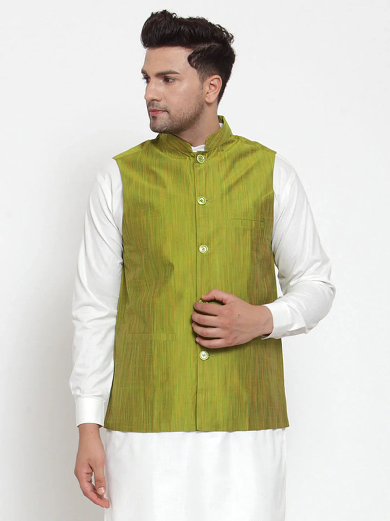 Jompers Men's Green Woven Design Nehru Jacket ( JOWC 4010 Green )