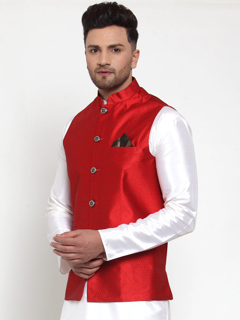 Jompers Men's Maroon Woven Jacquard Nehru Jacket