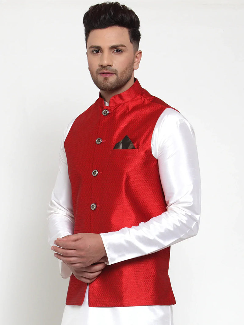 Jompers Men's Maroon Woven Jacquard Nehru Jacket ( JOWC 4017Maroon )