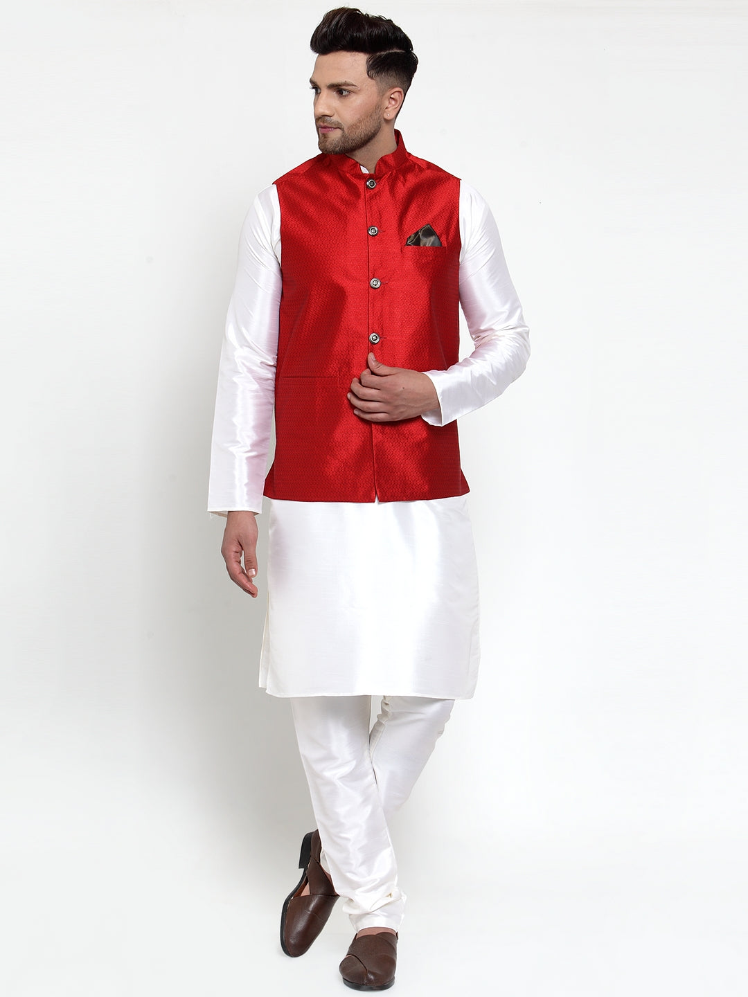 Jompers Men's Maroon Woven Jacquard Nehru Jacket