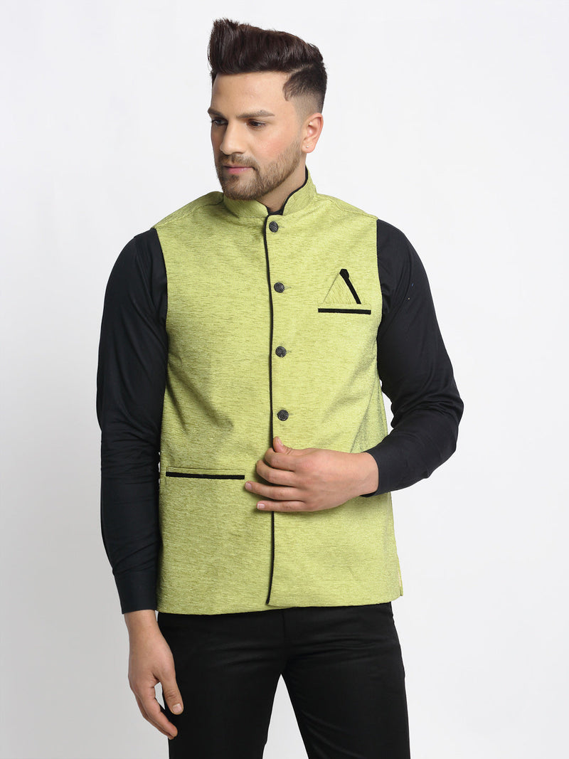 Jompers Men's Green Solid Nehru Jacket with Square Pocket