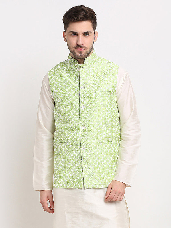 Jompers Men's Green Green and White Embroidered Nehru Jacket