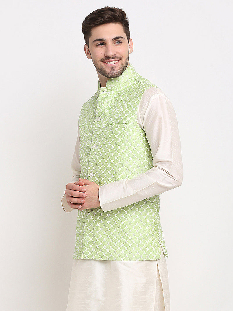 Jompers Men's Green Green and White Embroidered Nehru Jacket