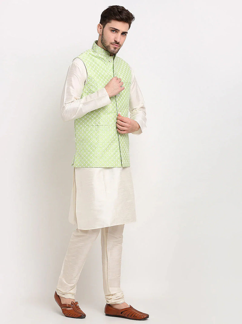 Jompers Men's Green Green and White Embroidered Nehru Jacket ( JOWC 4029Green )