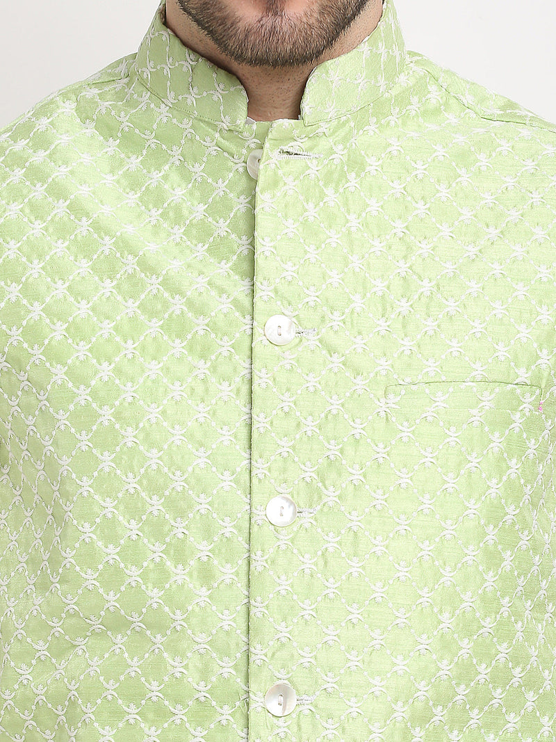 Jompers Men's Green Green and White Embroidered Nehru Jacket