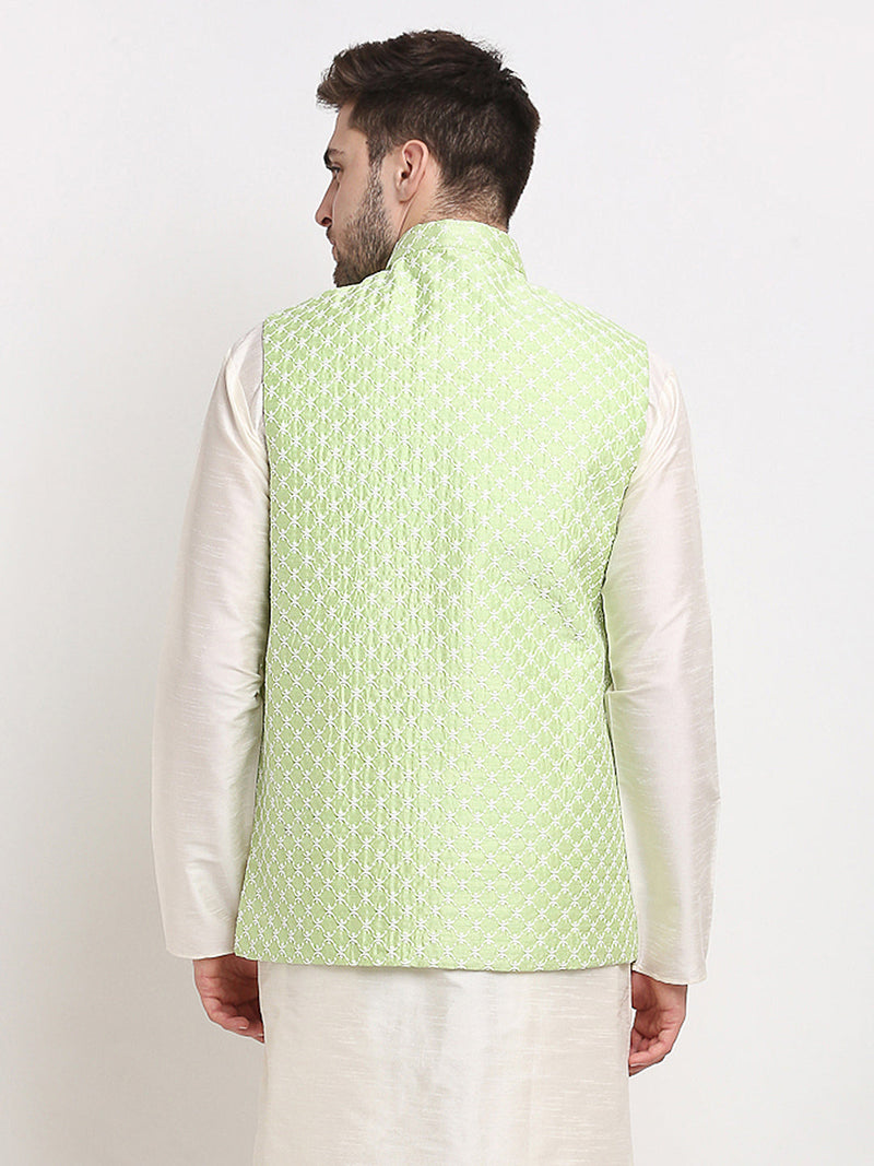 Jompers Men's Green Green and White Embroidered Nehru Jacket