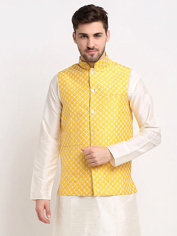 Jompers Men's Mustard Mustard and White Embroidered Nehru Jacket ( JOWC 4029Mustard )